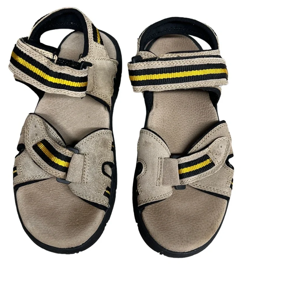 Island Surf Leather Summer Sandals Mens sz 7 Black Beige & Yellow by Faded Glory